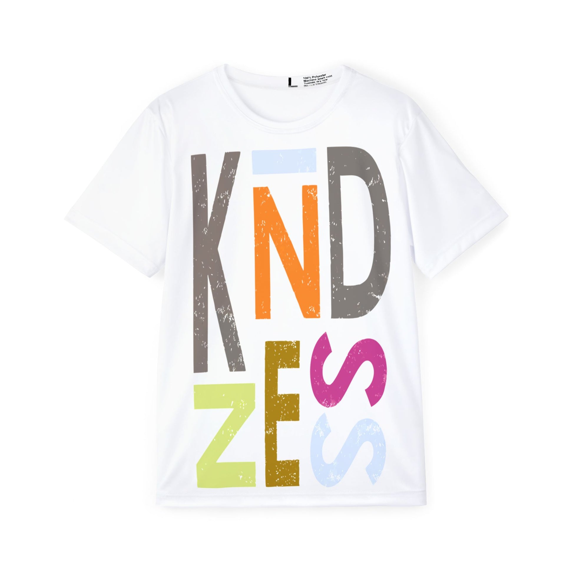 White t-shirt with colorful letters spelling 'Kindness' on a white background
