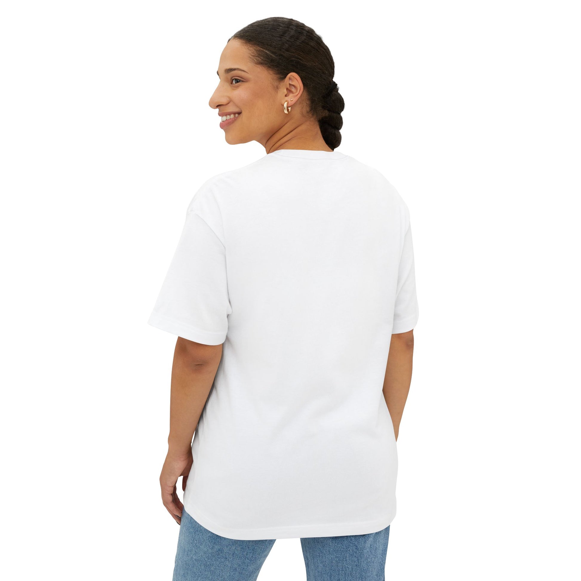 Woman wearing a white t-shirt and blue jeans on a white background