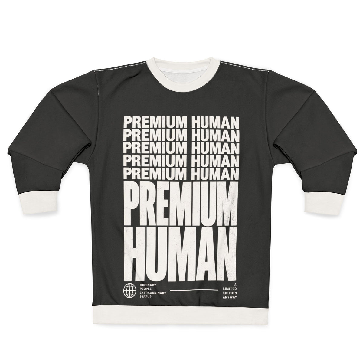 Front view of charcoal Premium Human graphic crewneck sweatshirt with stacked white typography and white ribbed trim