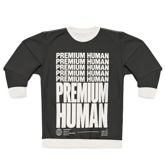 Front view of charcoal Premium Human graphic crewneck sweatshirt with stacked white typography and white ribbed trim