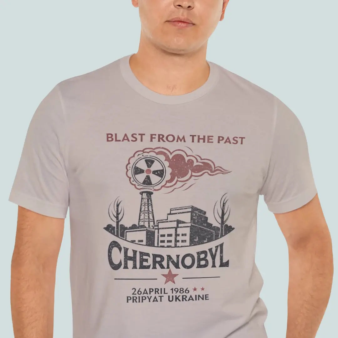 Person wearing the Chernobyl Disaster dark humor t-shirt featuring a distressed Pripyat graphic