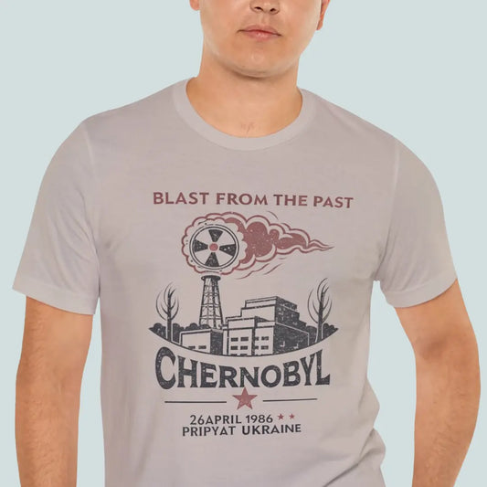 Person wearing a t-shirt with Chernobyl graphic design on a light blue background