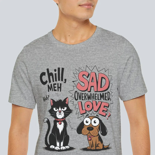 Person wearing a gray t-shirt with a cat and dog graphic and text.