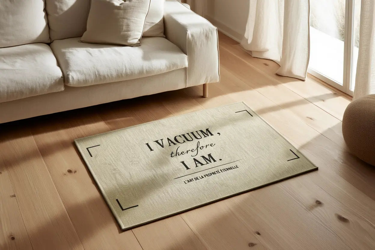 Funny quote rug on wooden floor in a calm living room, minimalist typography design, soft neutral home decor.