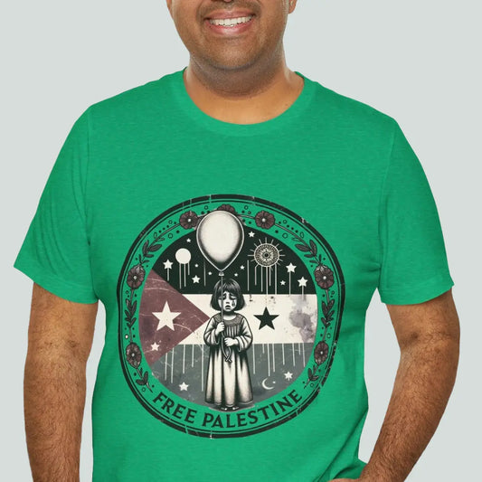 Person wearing a green t-shirt with a graphic design and 'Free Palestine' text.