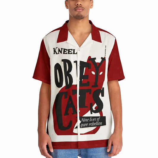 Model wearing the Obey Cats propaganda resort shirt front view. Highlights the relaxed boxy fit and heavy ink cat graphic.
