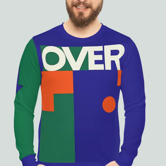 Model wearing the Overthinker AOP sweatshirt, front view highlighting abstract blue, green, orange color blocks and cropped “OVER” text.