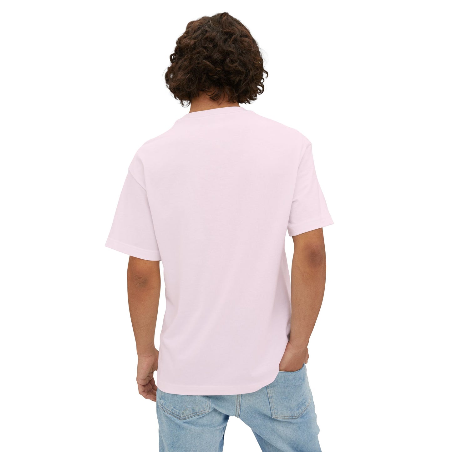 Person wearing a light pink t-shirt and blue jeans on a white background