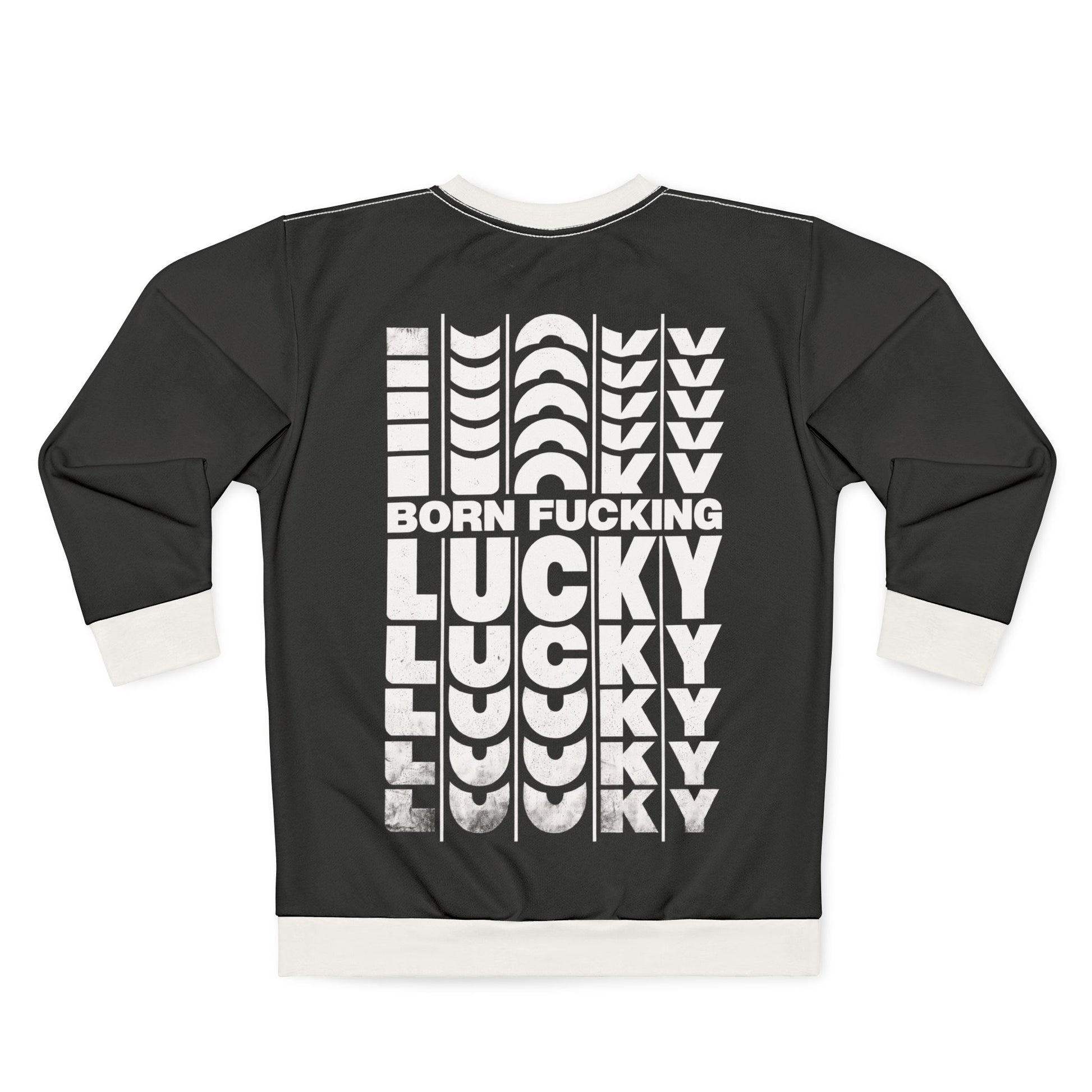 Charcoal Premium Human graphic crewneck sweatshirt with bold white typography and contrasting white trim