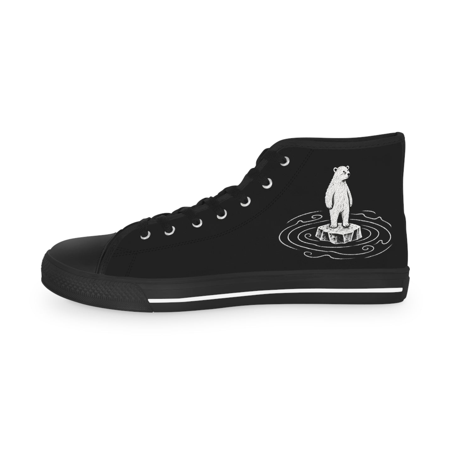 Black high-top sneakers with white polar bear illustration and handwritten overthinking quote