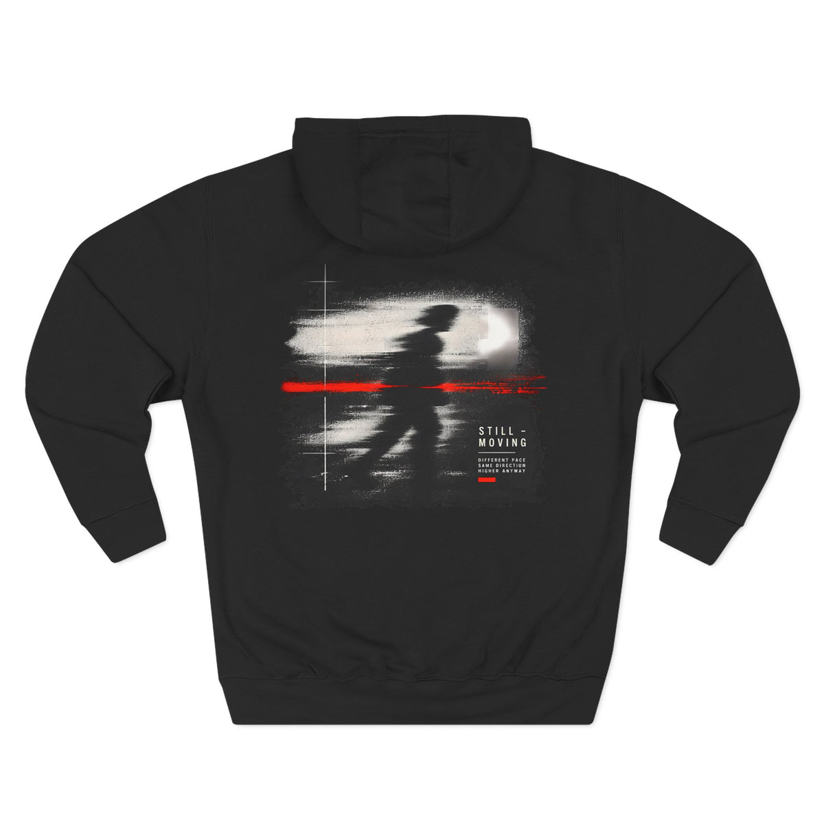 Alwayne Still Moving black three-panel fleece hoodie with front identifier and back graphic