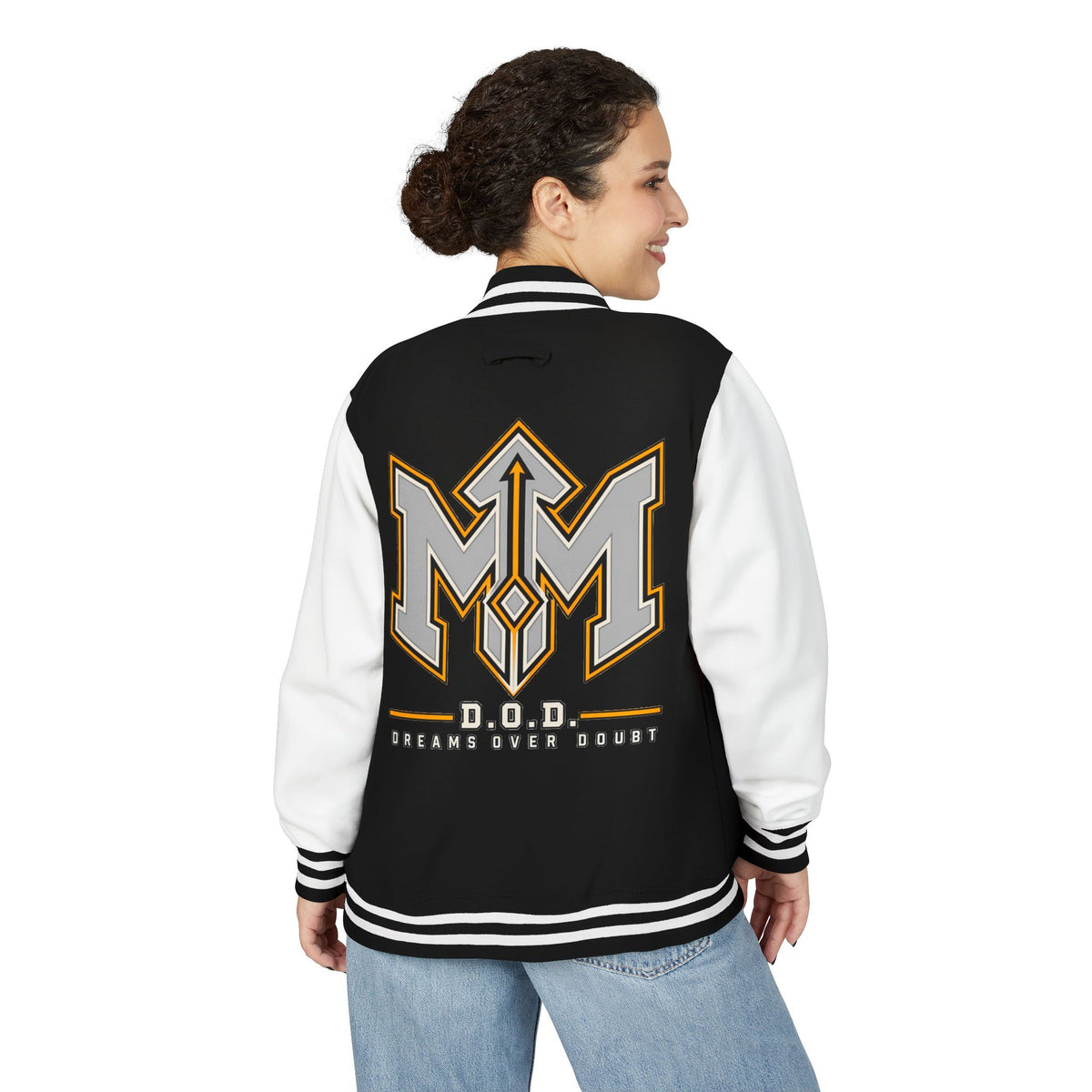 Magik McCoy heavyweight black and white varsity jacket, additional mockup view 4