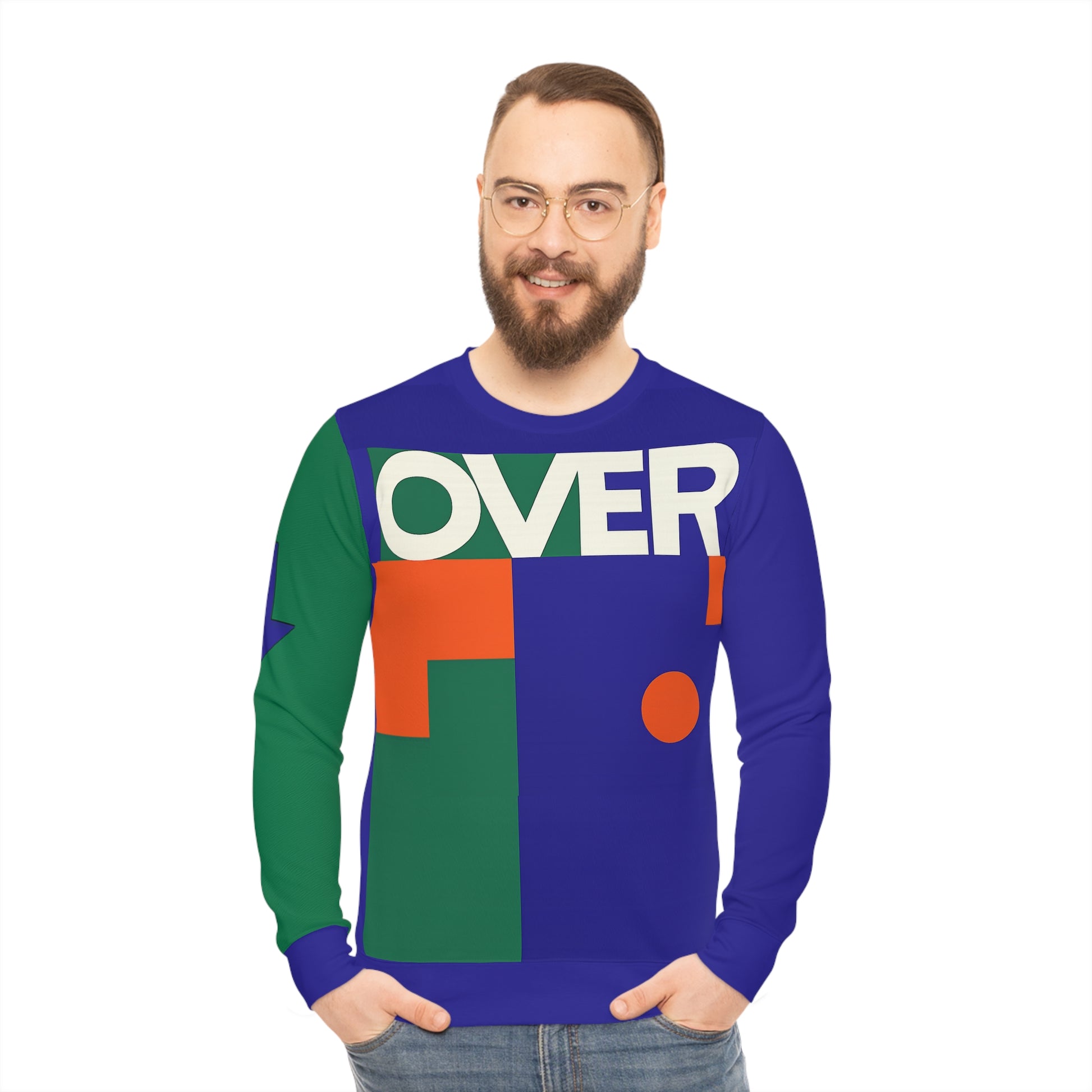Model wearing the Overthinker AOP sweatshirt, front view highlighting abstract blue, green, orange color blocks and cropped “OVER” text.