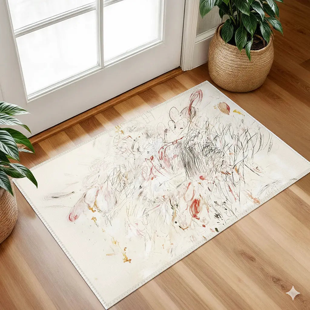Decorative cream boho rug with expressive line art and abstract scribble details on a wooden floor, next to a plant.