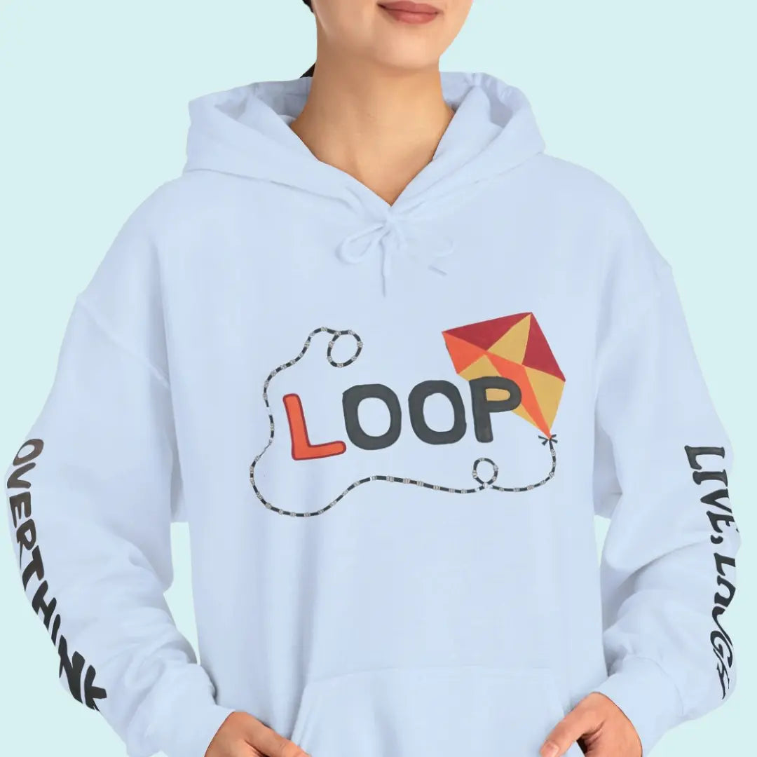 Light blue hoodie with 'LOOP' design and text on sleeves against a light green background