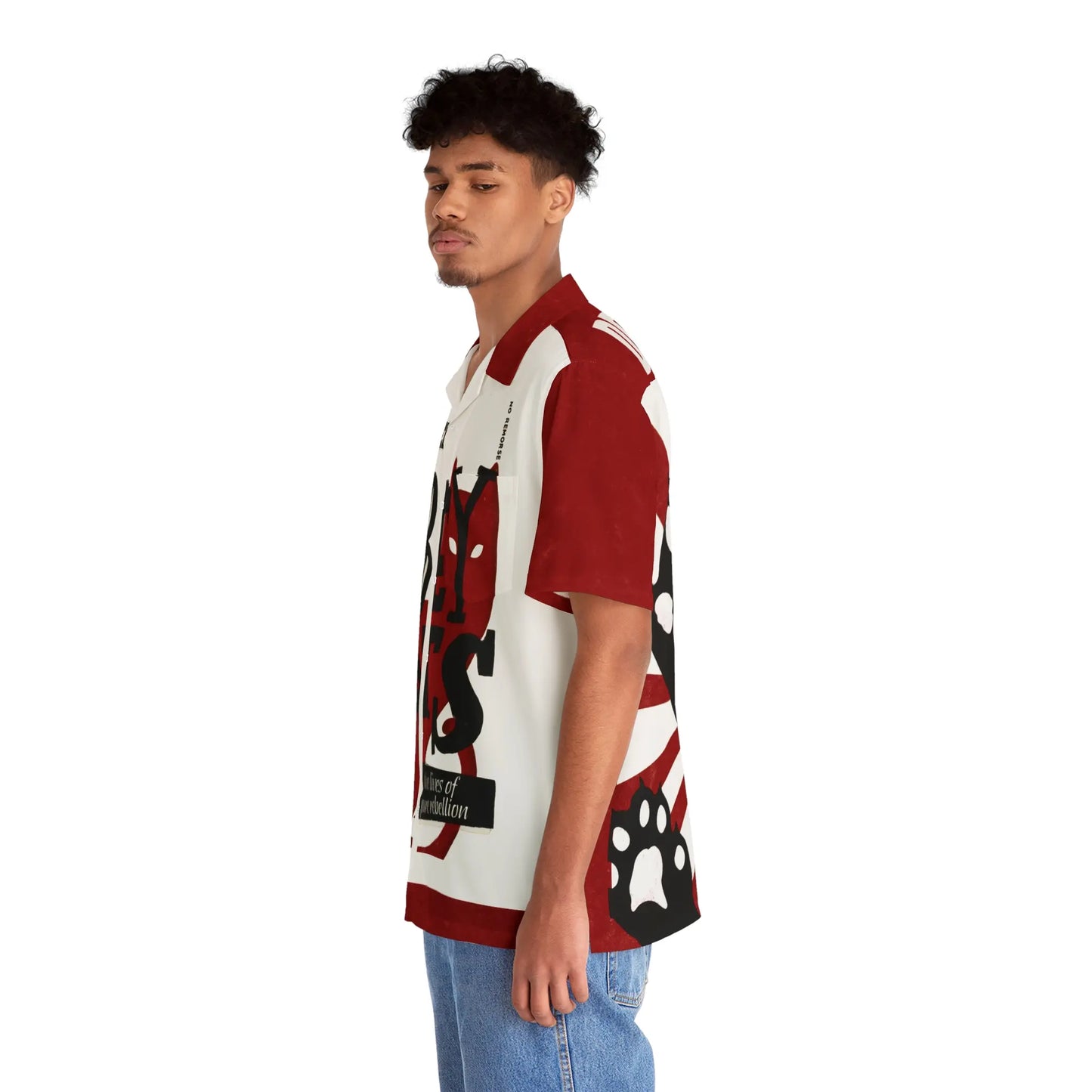 Side profile of model wearing the Obey Cats resort shirt. Shows the relaxed fit sleeve and vintage political poster style.