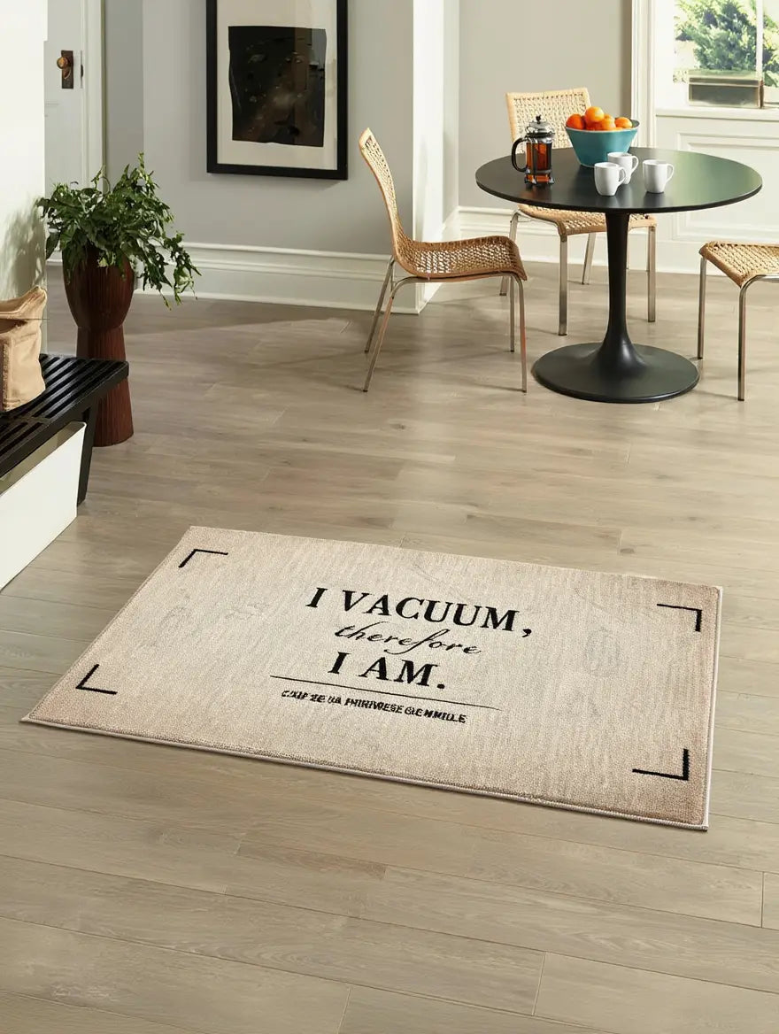 Minimalist funny quote rug in modern dining space, subtle humor home rug with clean typography and neutral tones.