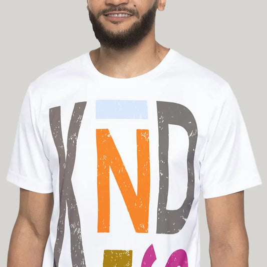 front view men’s white be kind t shirt with large multicolor stacked letters spelling KINDNESS