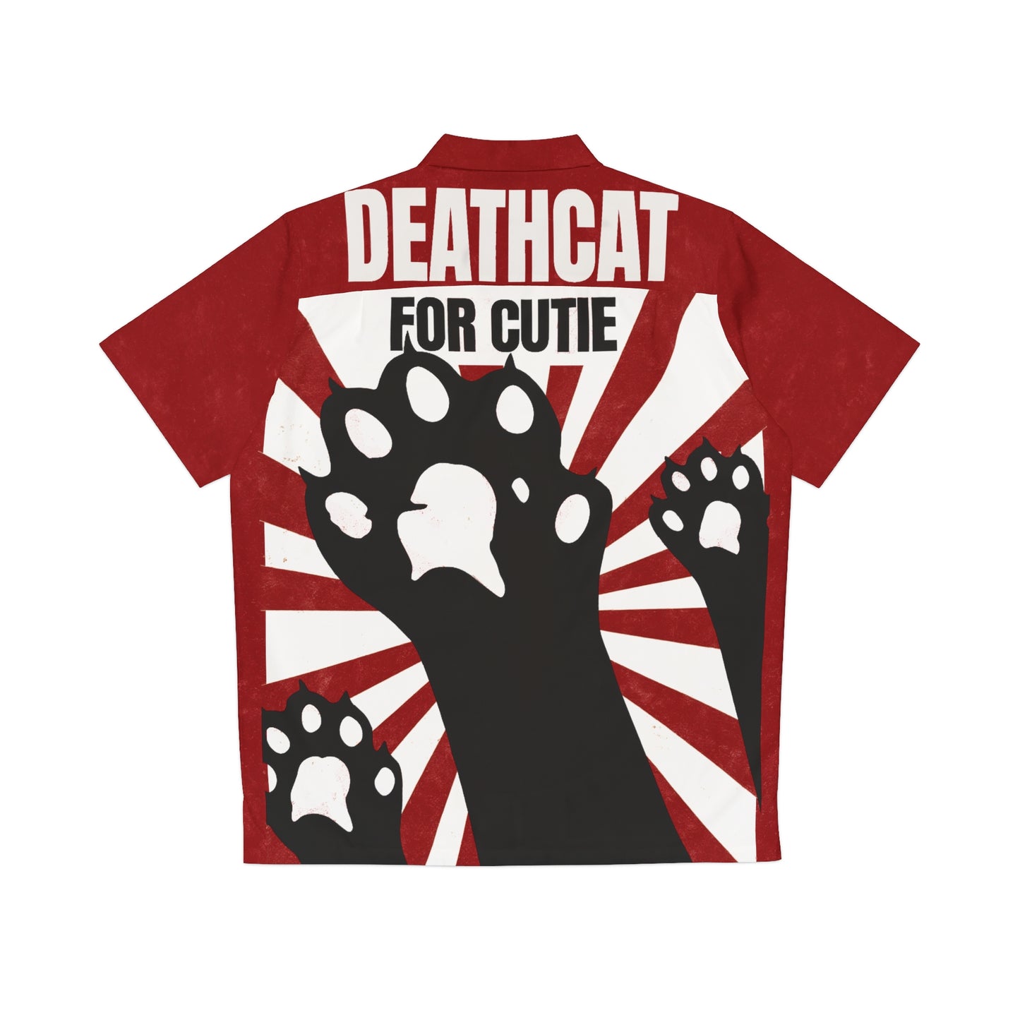 Back flat lay of Deathcat for Cutie propaganda shirt. Displays large black paws on a striking red sunburst background.