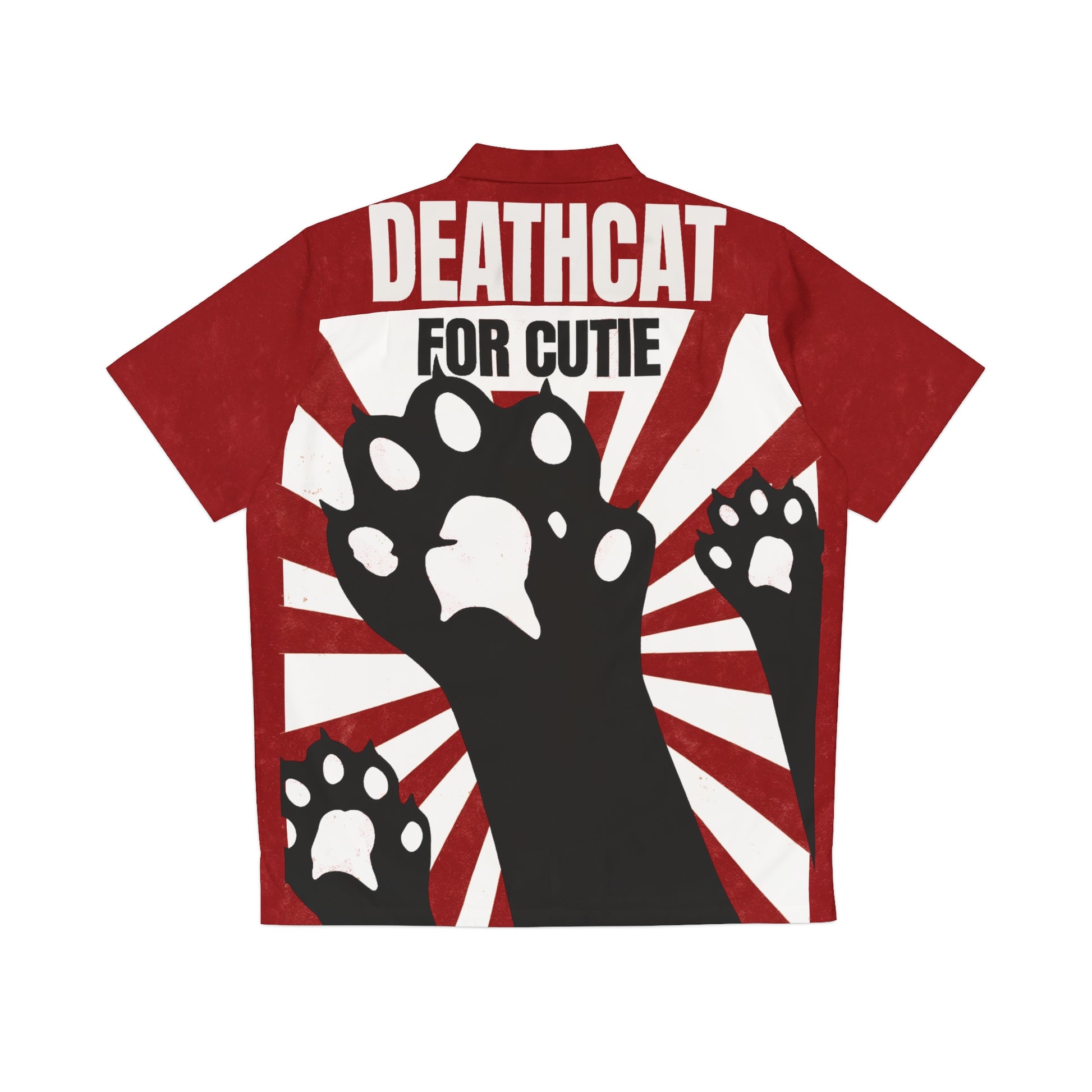 Back flat lay of Deathcat for Cutie propaganda shirt. Displays large black paws on a striking red sunburst background.