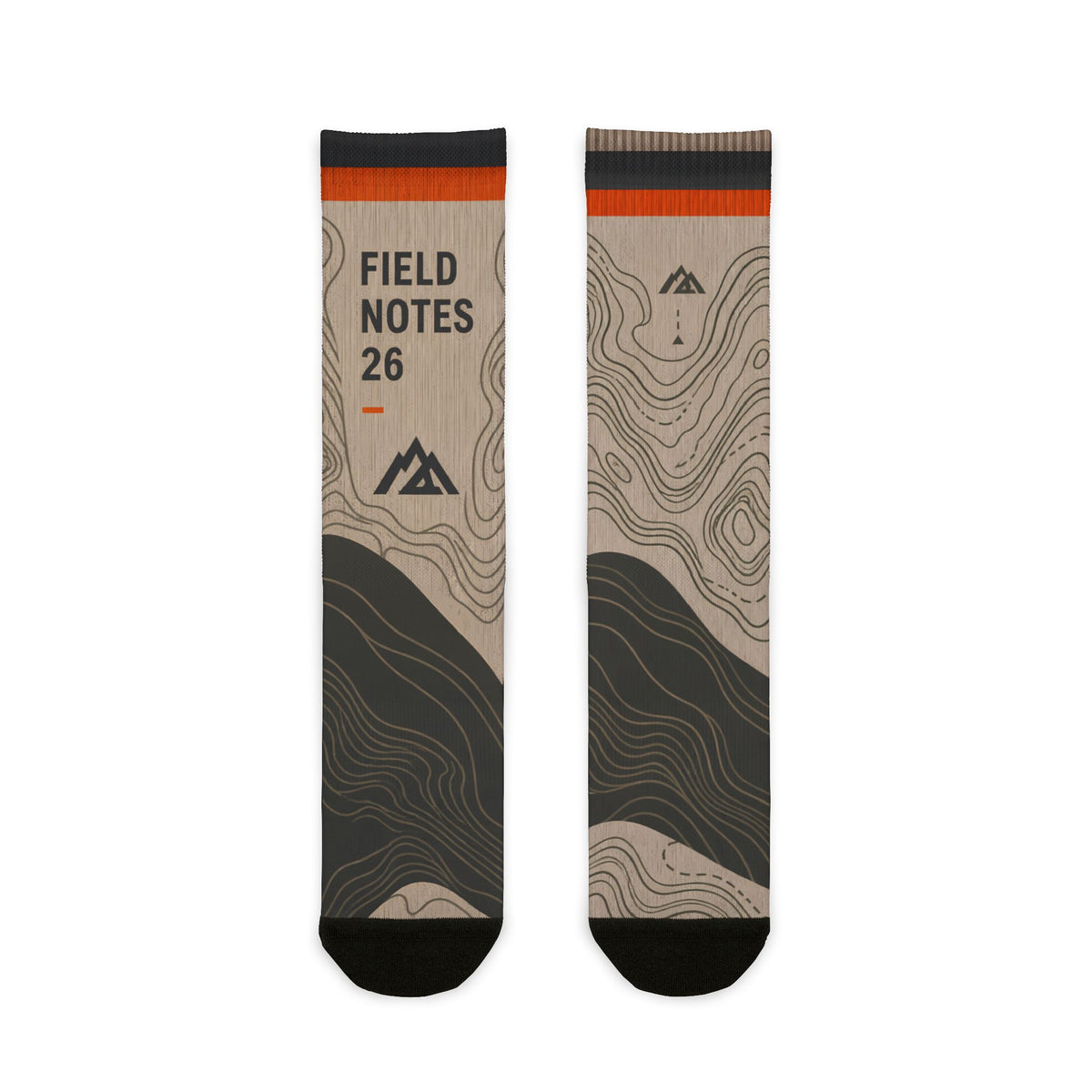 FIELD NOTES 26 topographic crew socks with sand, charcoal and burnt orange contour-map design.