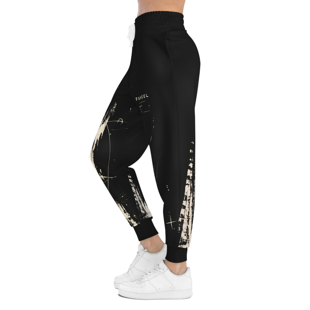 FAHEEL all-over-print joggers with cream-on-black graphic details