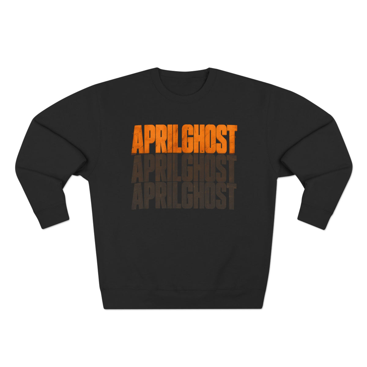 AprilGhost Ghost Ascent black crewneck sweatshirt with amber APRILGHOST typography and road-and-sky artwork