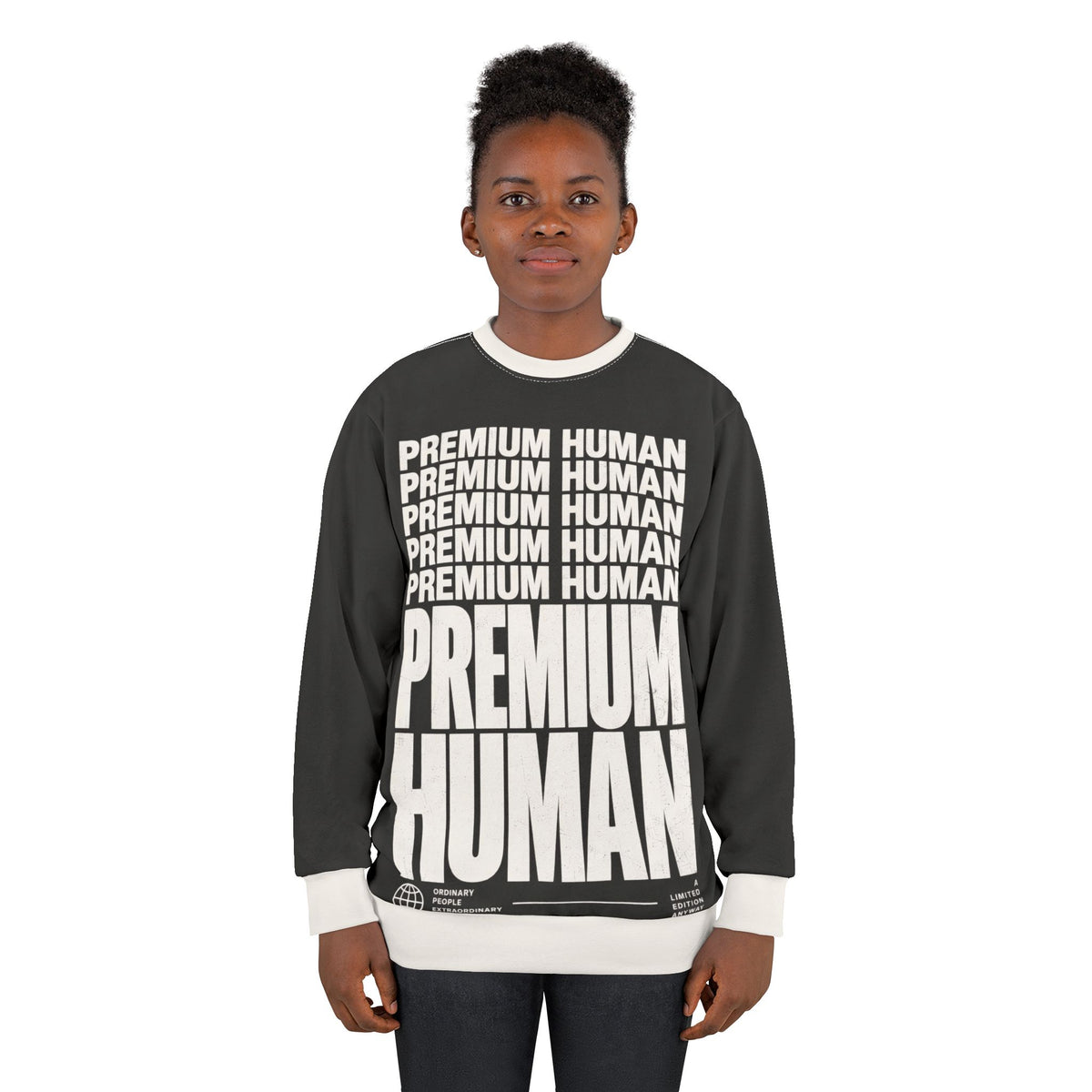 Premium Human charcoal graphic crewneck sweatshirt with high-contrast white typography and ribbed trim