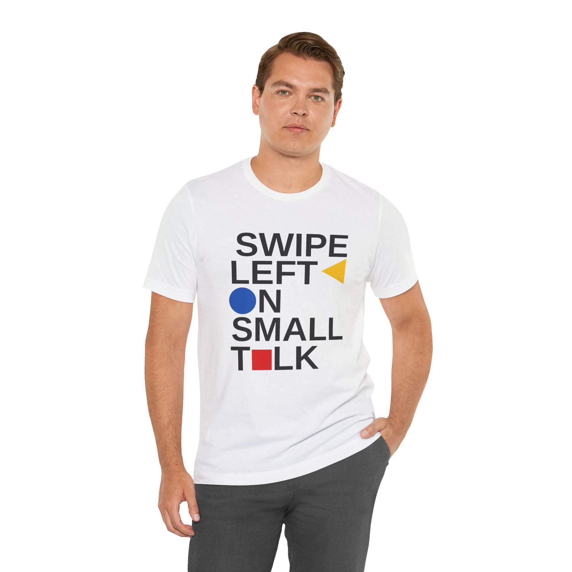 Man wearing a white t-shirt with text and colorful icons on a white background