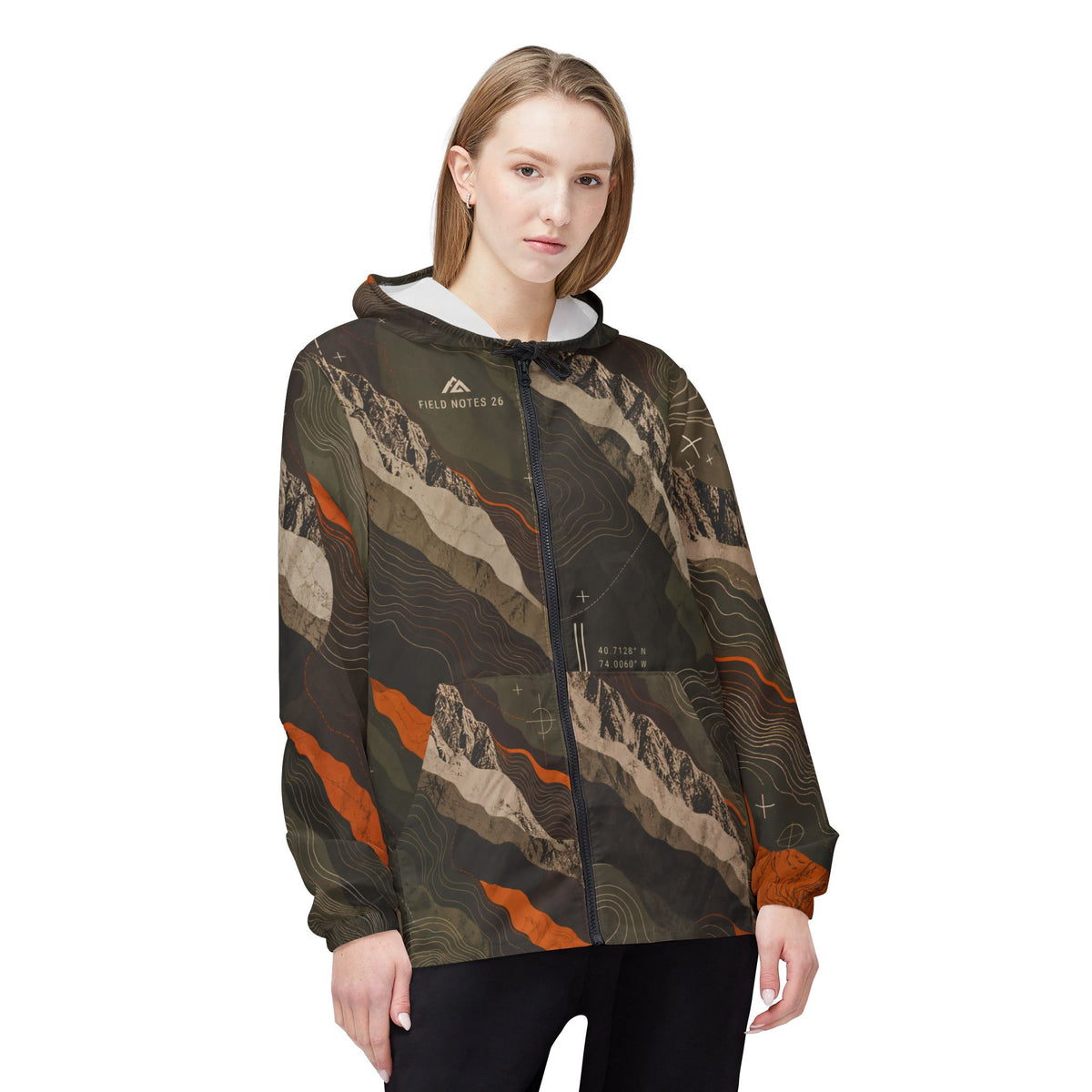 FIELD NOTES 26 topographic windbreaker jacket in olive, charcoal, sand and burnt orange terrain print.