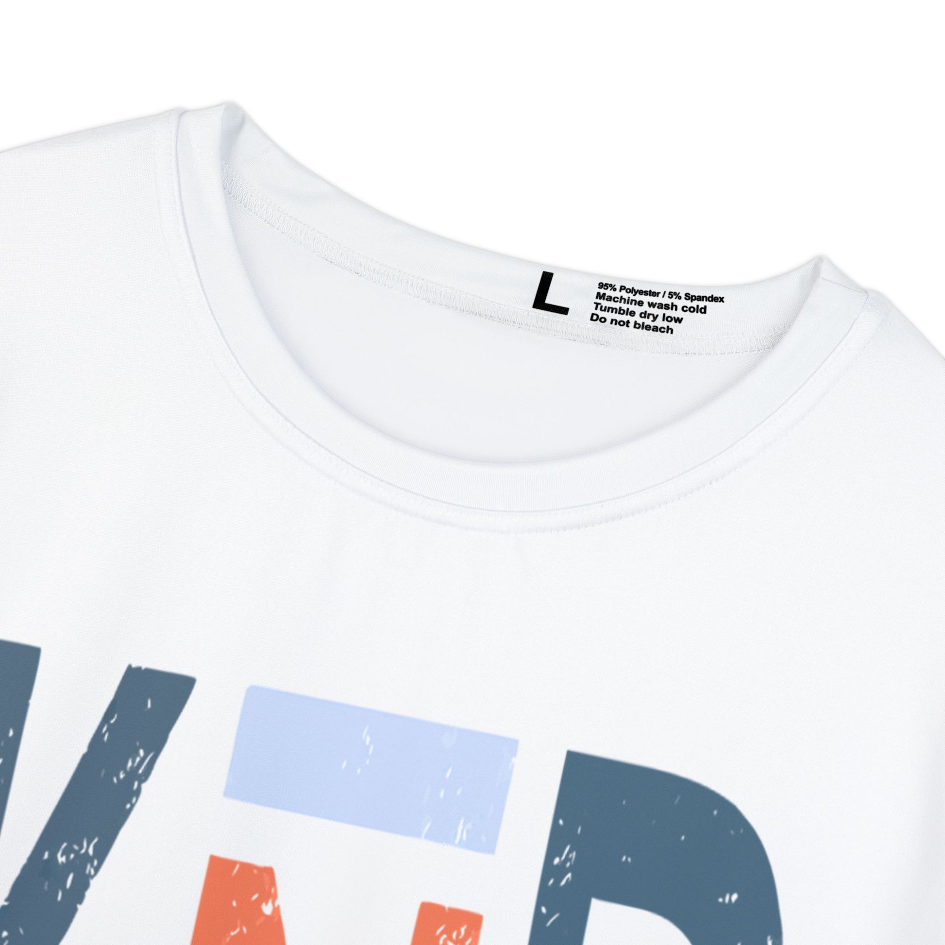 White t-shirt with colorful text design on a white background