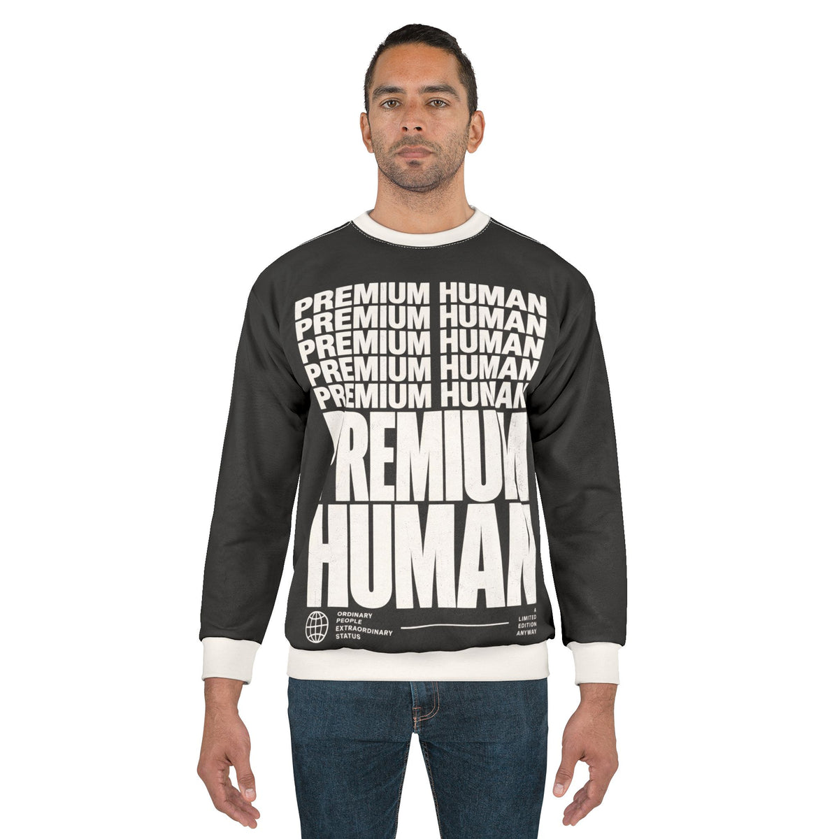 Charcoal unisex Premium Human graphic sweatshirt with all-over white typography on a crewneck silhouette