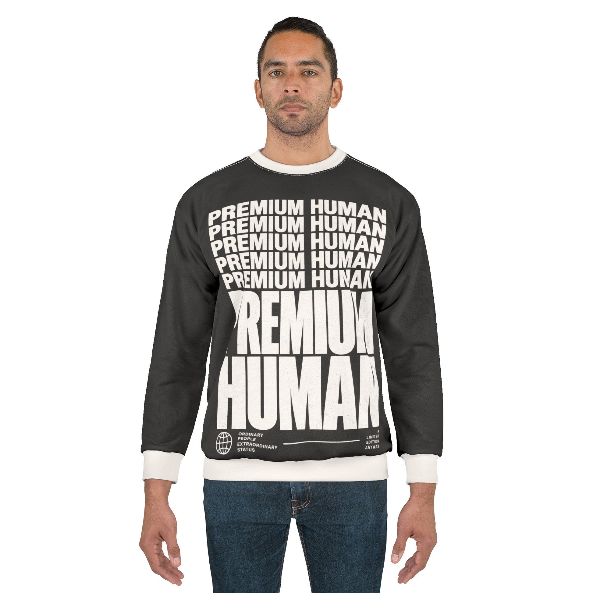 Charcoal unisex Premium Human graphic sweatshirt with all-over white typography on a crewneck silhouette