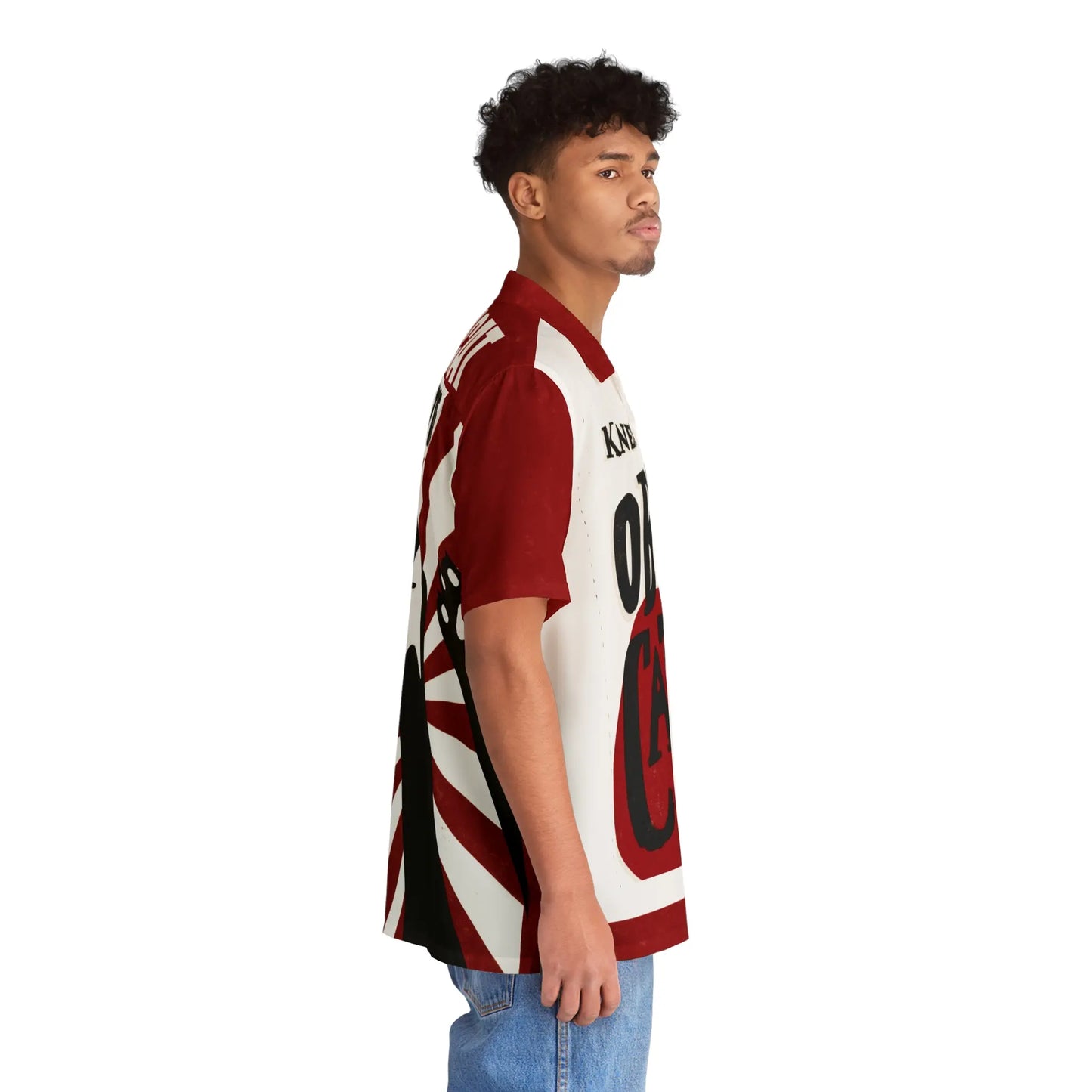 Side profile of model wearing the Obey Cats resort shirt. Shows the relaxed fit sleeve and vintage political poster style.