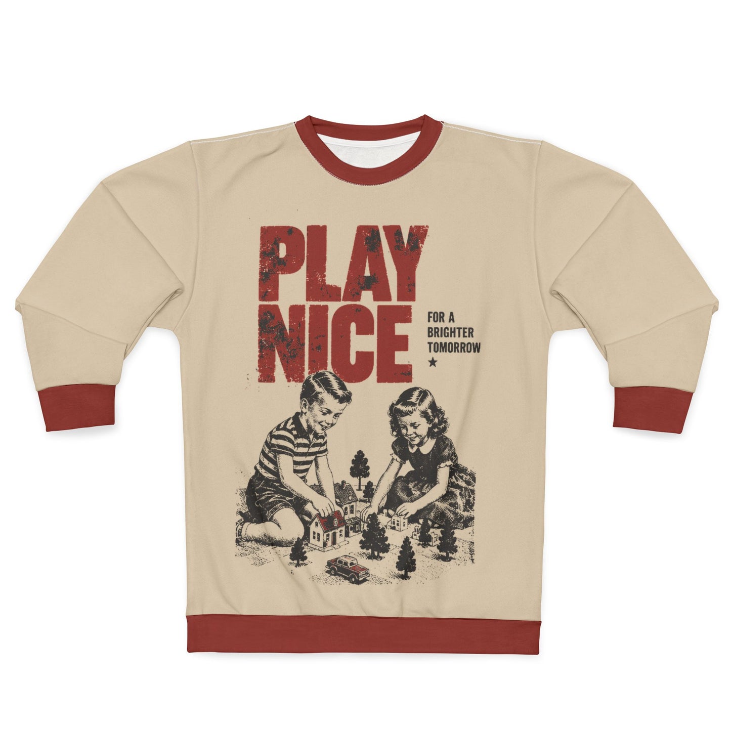 Front view of beige Play Nice retro propaganda sweatshirt with distressed red lettering, vintage children illustration and red ribbed trim