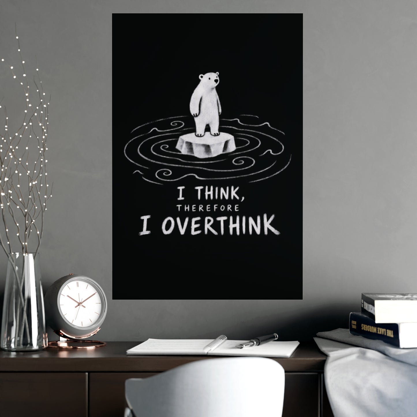 Black-and-white overthinking wall art with polar bear standing on an ice floe above handwritten lettering