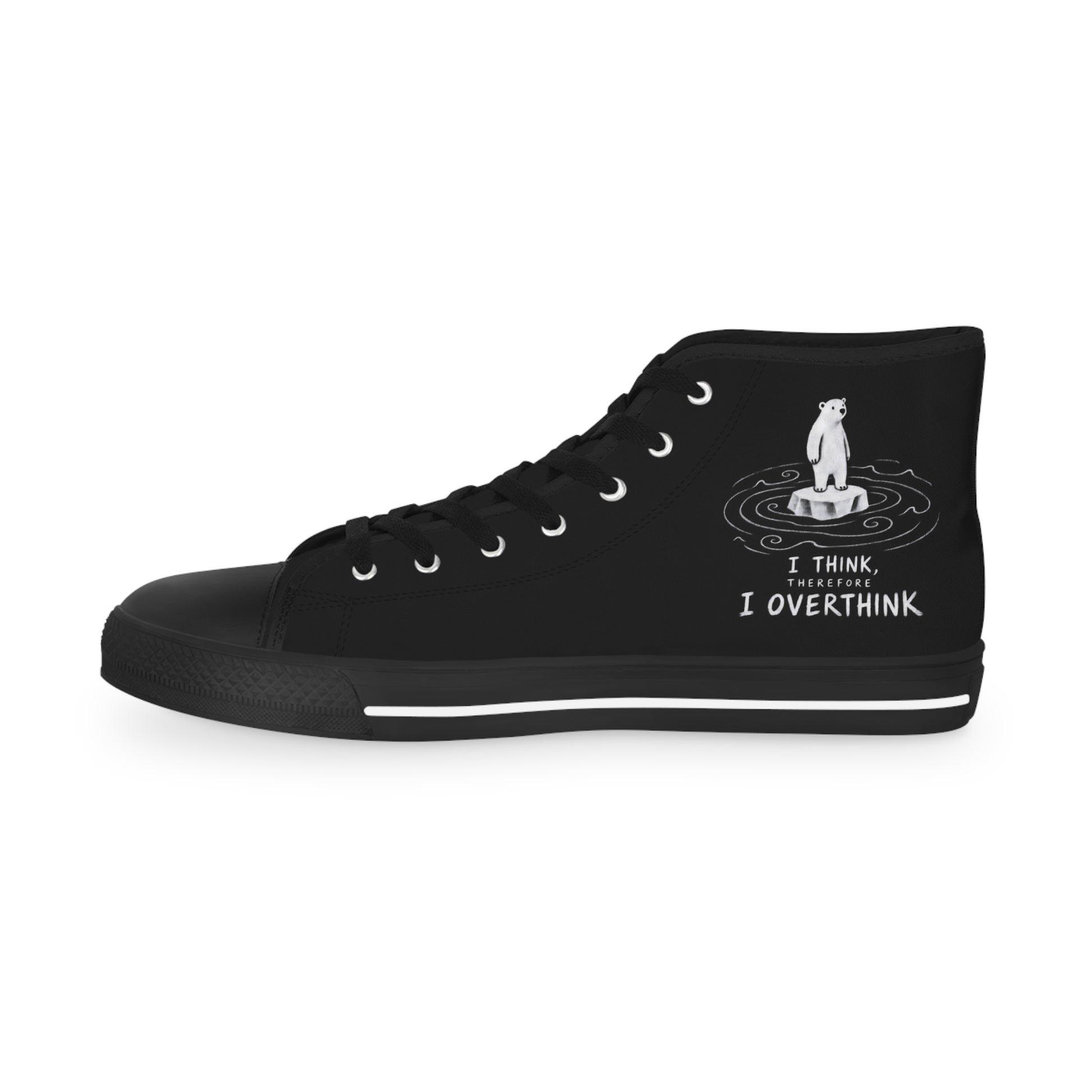 Black graphic high-top sneakers featuring the “I Think Therefore I Overthink” overthinker design