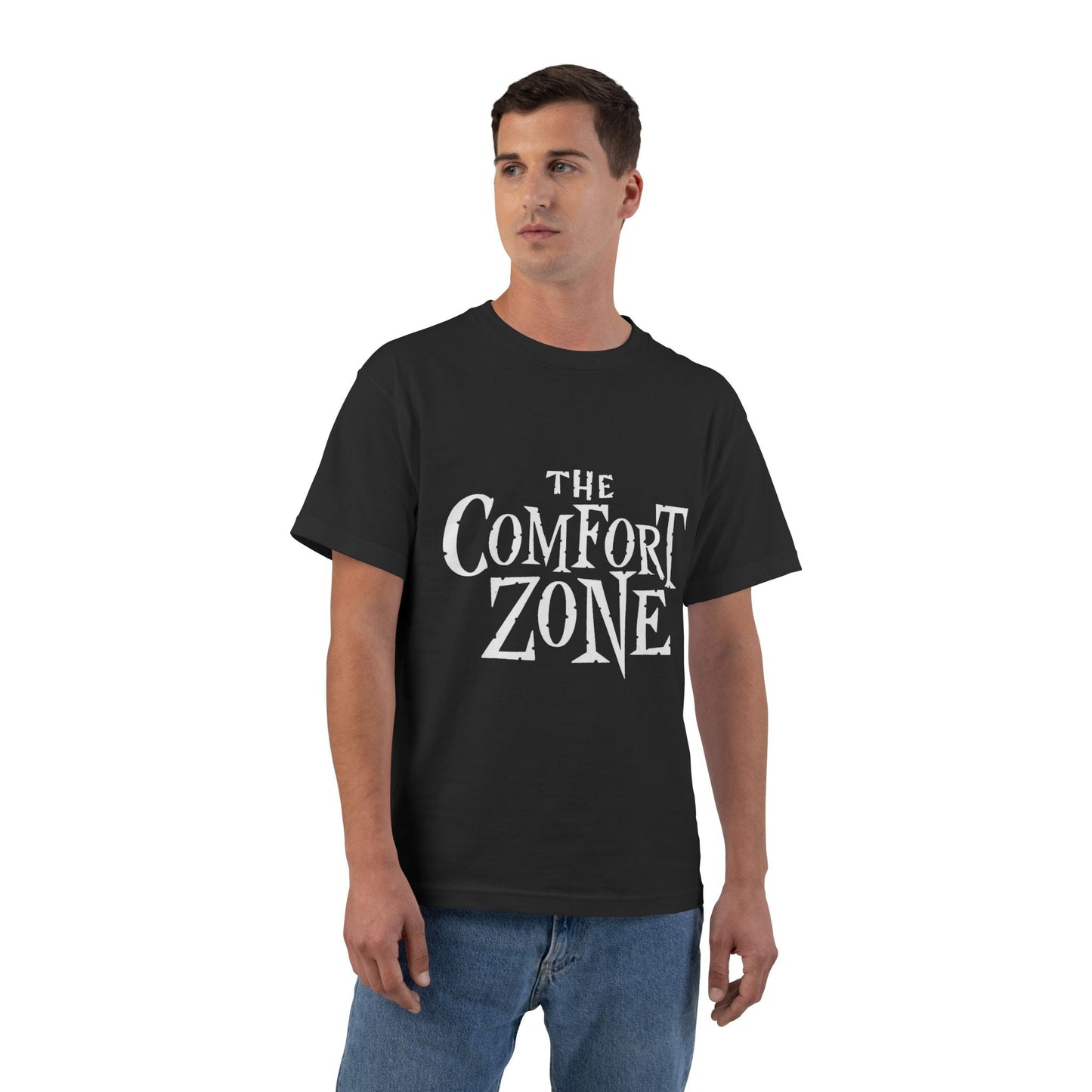 Man wearing black Comfort Zone introvert tee with white retro sci-fi lettering