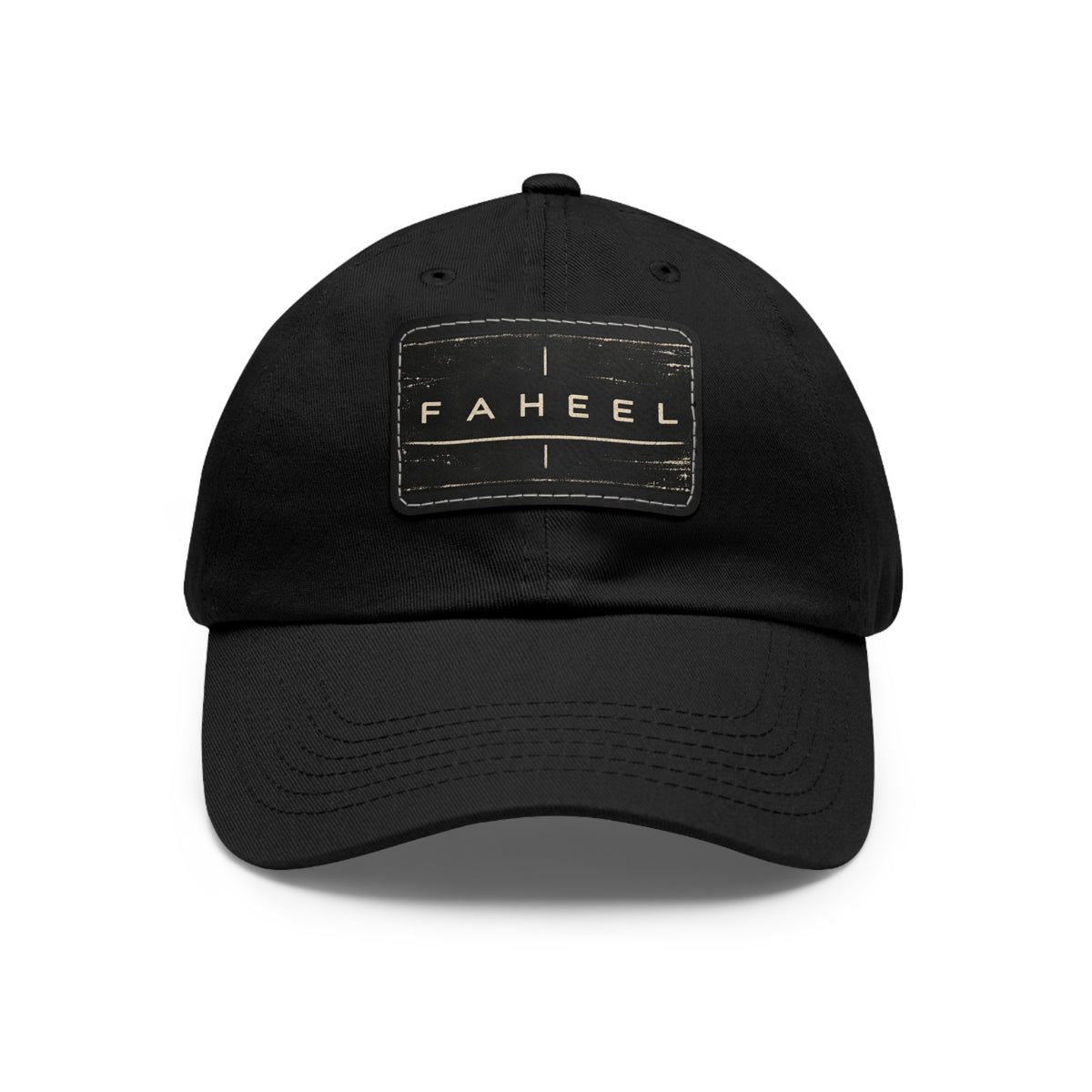 FAHEEL black dad hat with small black faux-leather patch and cream wordmark