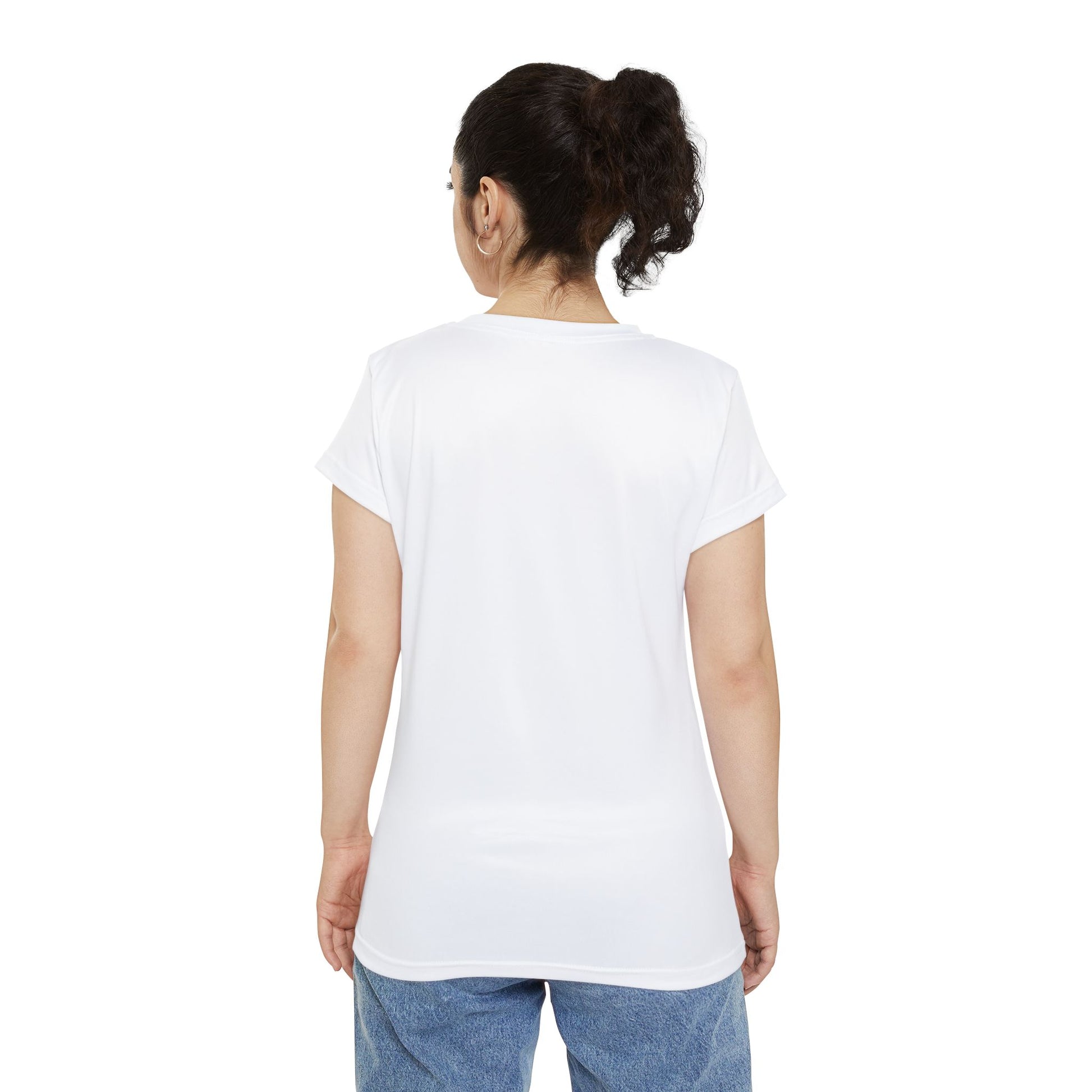 Person wearing a plain white t-shirt on a white background
