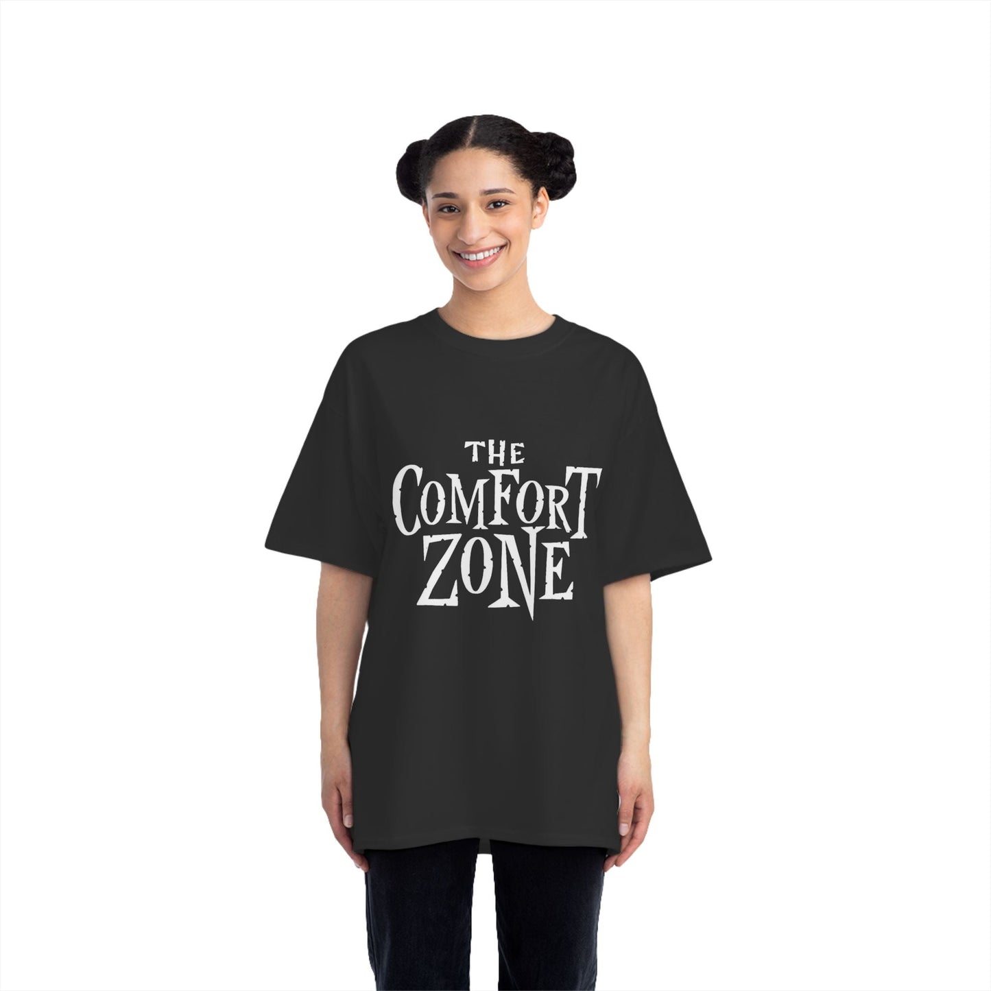 Front view of woman wearing black Comfort Zone introvert graphic tee