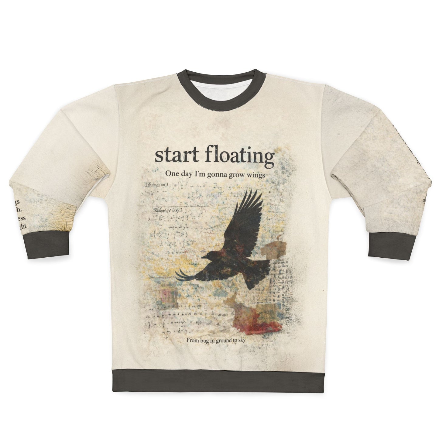Front of dark academia raven graphic sweatshirt featuring a distressed raven in flight with layered vintage textures and the words “Start floating”