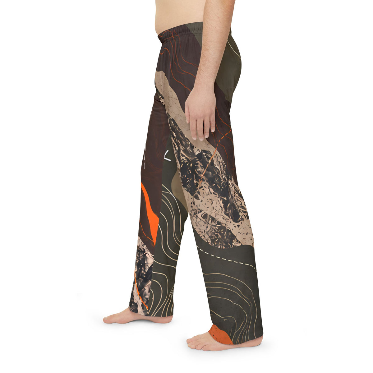 FIELD NOTES 26 men's topographic pajama pants with olive, charcoal, sand and burnt orange terrain print.