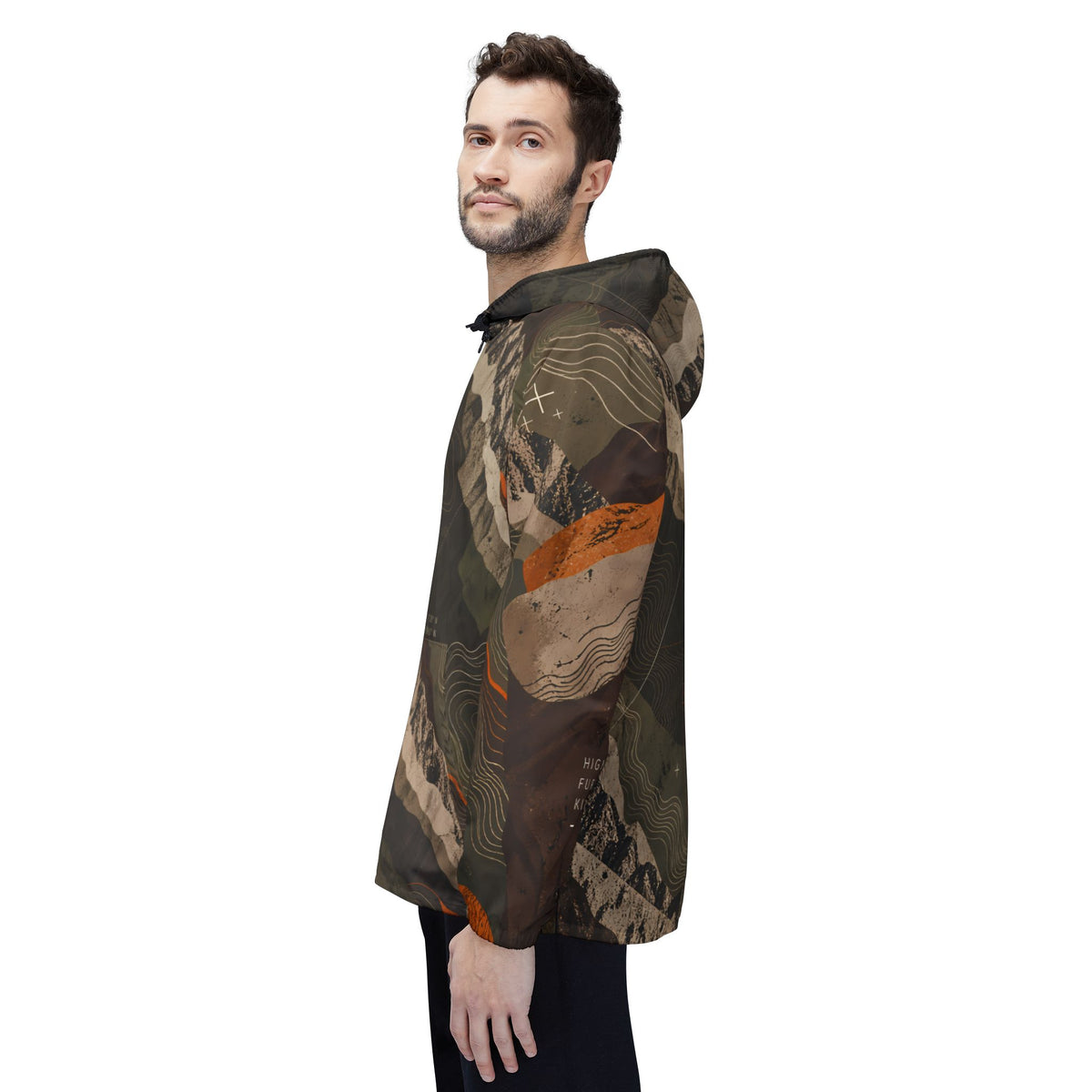 FIELD NOTES 26 topographic windbreaker jacket in olive, charcoal, sand and burnt orange terrain print.