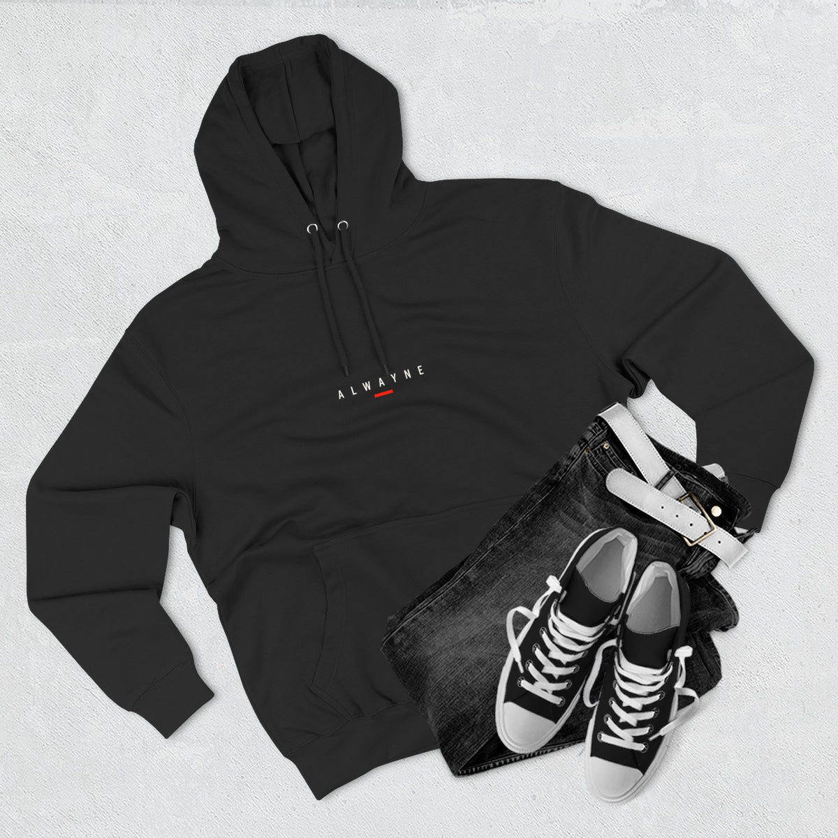 Alwayne Still Moving black three-panel fleece hoodie with front identifier and back graphic