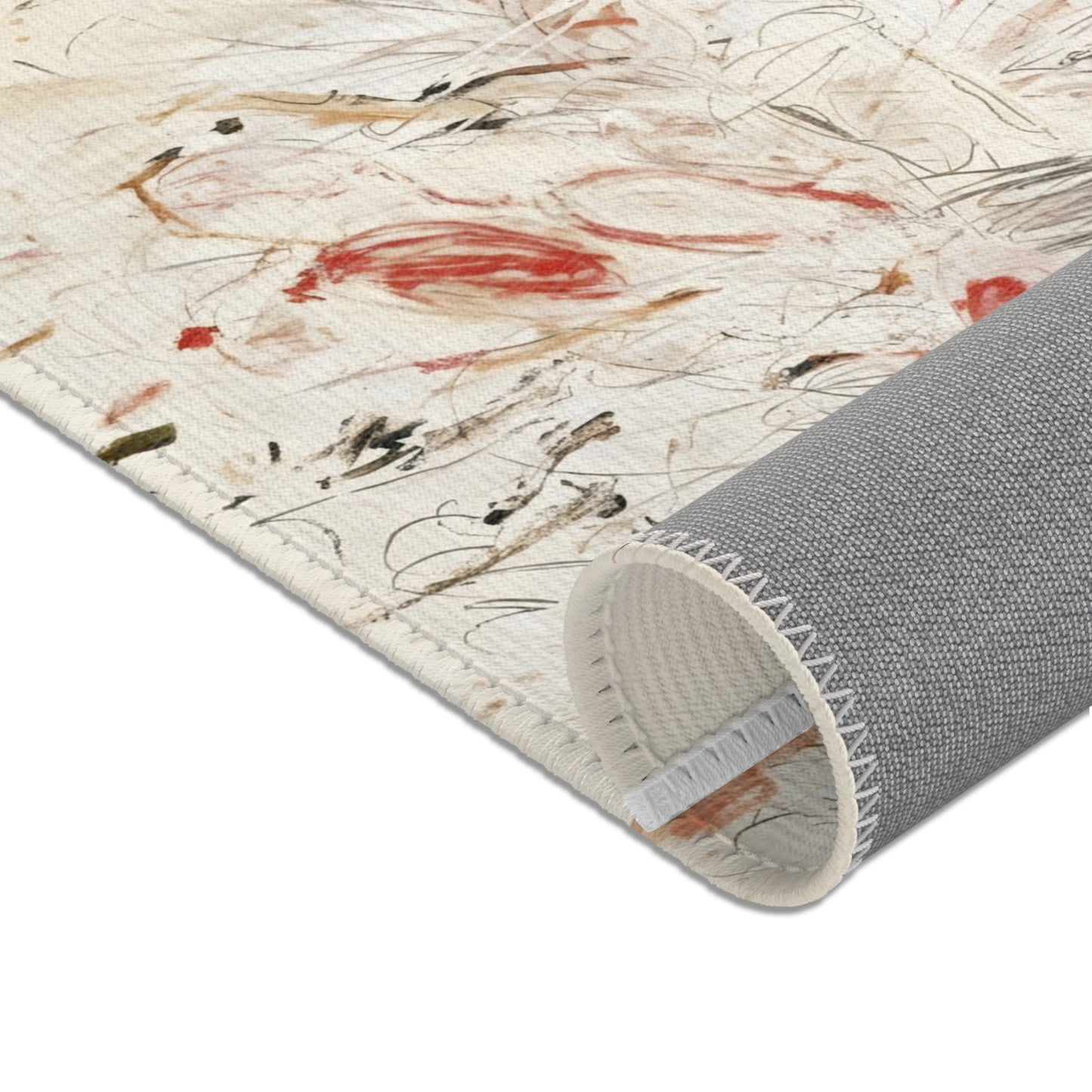 Close-up of a textured rug with with expressive line art and abstract scribble details