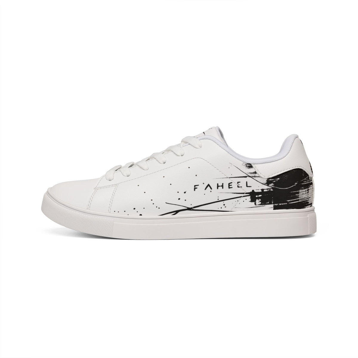 FAHEEL white low-top sneakers with black abstract textured side panels