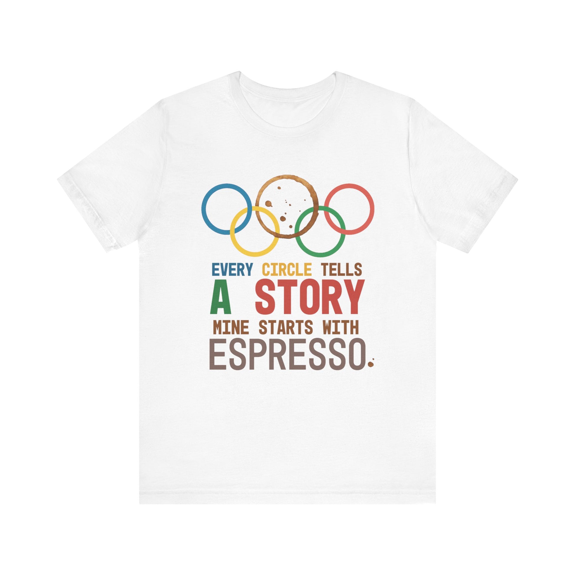 White regular-fit coffee tee with colourful espresso circle graphic and front text