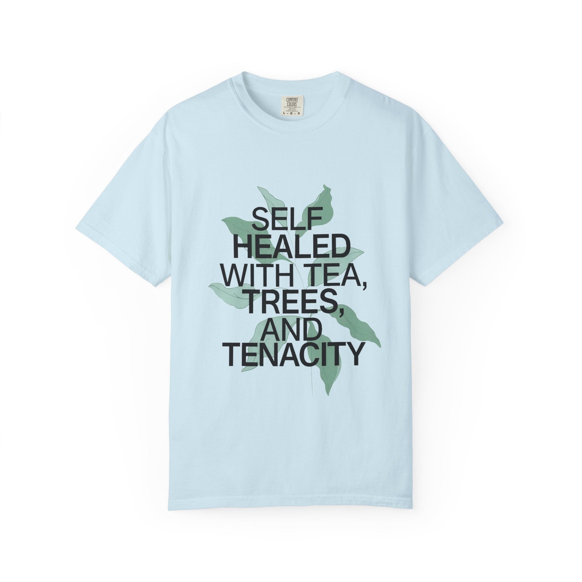 Light blue Self Healed with Tea graphic tee with botanical front print