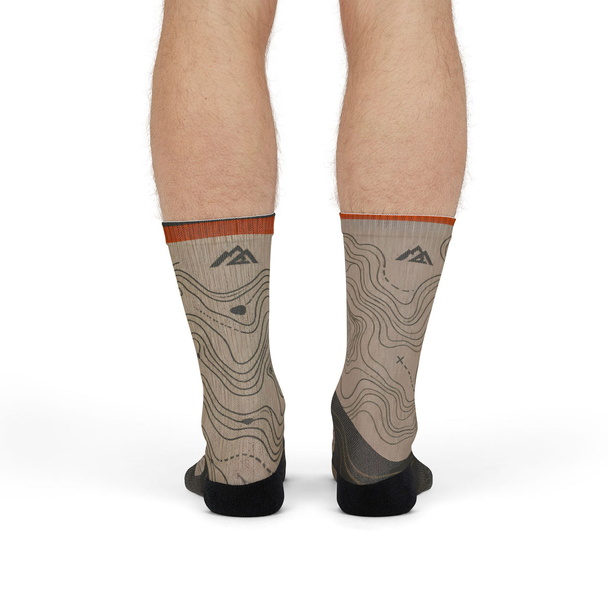 FIELD NOTES 26 topographic crew socks with sand, charcoal and burnt orange contour-map design.